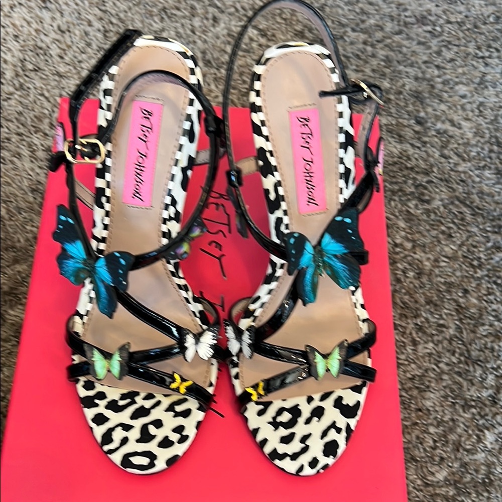 Betsey Johnson Women's Black and White Sandals with Butterflies